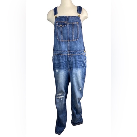 AEO Women’s Distressed Denim Overalls, Blue, Size L/XL, EUC - Picture 1 of 16